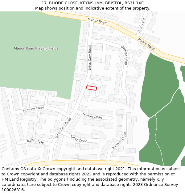 17, RHODE CLOSE, KEYNSHAM, BRISTOL, BS31 1XE: Location map and indicative extent of plot