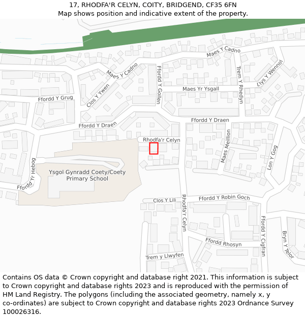 17, RHODFA'R CELYN, COITY, BRIDGEND, CF35 6FN: Location map and indicative extent of plot