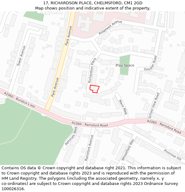 17, RICHARDSON PLACE, CHELMSFORD, CM1 2GD: Location map and indicative extent of plot