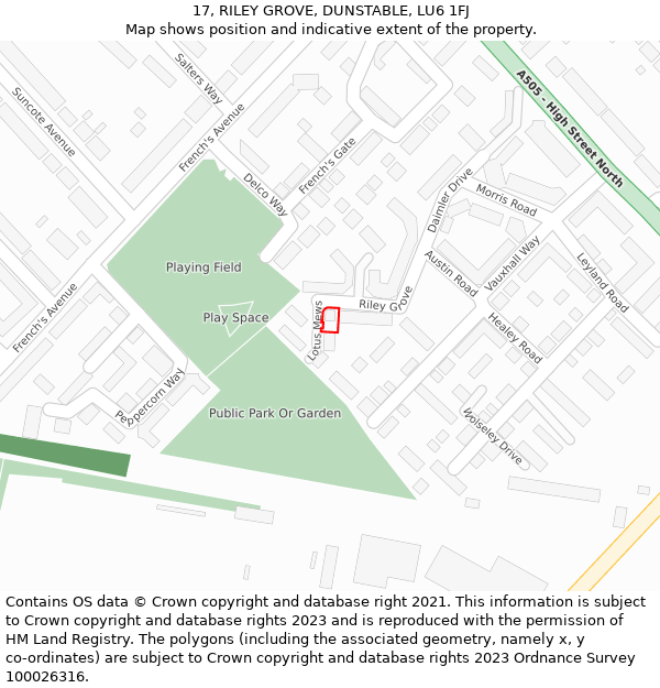 17, RILEY GROVE, DUNSTABLE, LU6 1FJ: Location map and indicative extent of plot