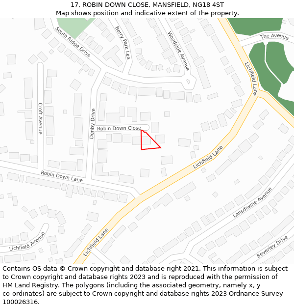 17, ROBIN DOWN CLOSE, MANSFIELD, NG18 4ST: Location map and indicative extent of plot