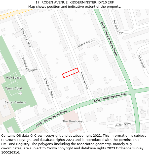 17, RODEN AVENUE, KIDDERMINSTER, DY10 2RF: Location map and indicative extent of plot