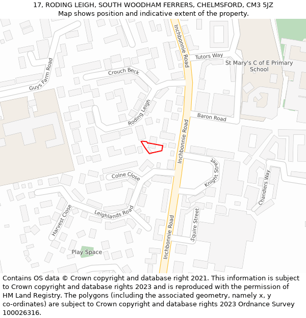 17, RODING LEIGH, SOUTH WOODHAM FERRERS, CHELMSFORD, CM3 5JZ: Location map and indicative extent of plot