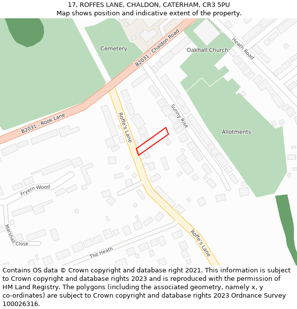 17, ROFFES LANE, CHALDON, CATERHAM, CR3 5PU: Location map and indicative extent of plot