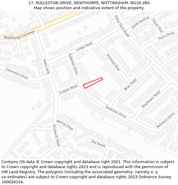 17, ROLLESTON DRIVE, NEWTHORPE, NOTTINGHAM, NG16 2BA: Location map and indicative extent of plot