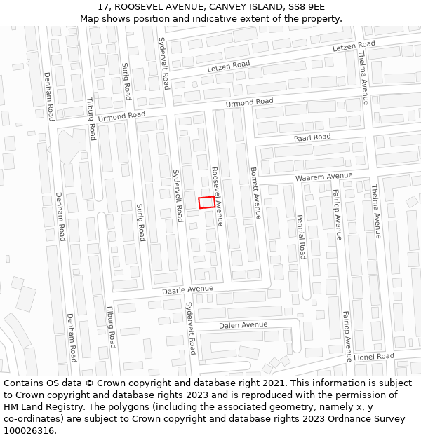 17, ROOSEVEL AVENUE, CANVEY ISLAND, SS8 9EE: Location map and indicative extent of plot