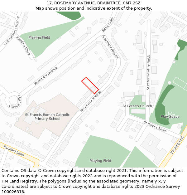 17, ROSEMARY AVENUE, BRAINTREE, CM7 2SZ: Location map and indicative extent of plot