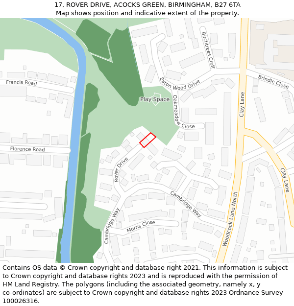 17, ROVER DRIVE, ACOCKS GREEN, BIRMINGHAM, B27 6TA: Location map and indicative extent of plot