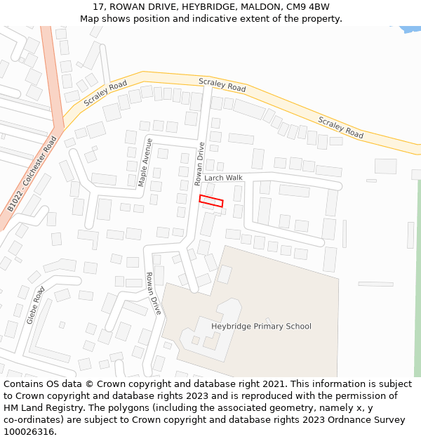 17, ROWAN DRIVE, HEYBRIDGE, MALDON, CM9 4BW: Location map and indicative extent of plot