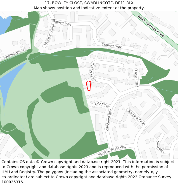 17, ROWLEY CLOSE, SWADLINCOTE, DE11 8LX: Location map and indicative extent of plot