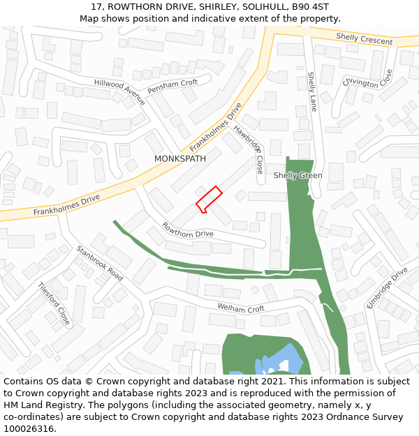 17, ROWTHORN DRIVE, SHIRLEY, SOLIHULL, B90 4ST: Location map and indicative extent of plot