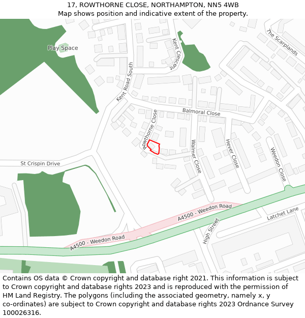 17, ROWTHORNE CLOSE, NORTHAMPTON, NN5 4WB: Location map and indicative extent of plot