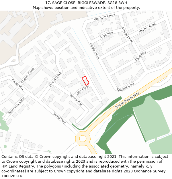 17, SAGE CLOSE, BIGGLESWADE, SG18 8WH: Location map and indicative extent of plot