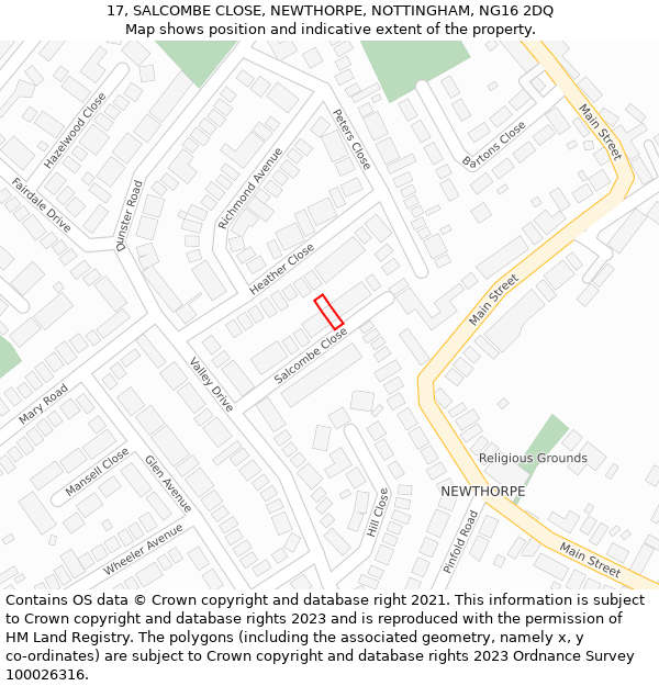 17, SALCOMBE CLOSE, NEWTHORPE, NOTTINGHAM, NG16 2DQ: Location map and indicative extent of plot