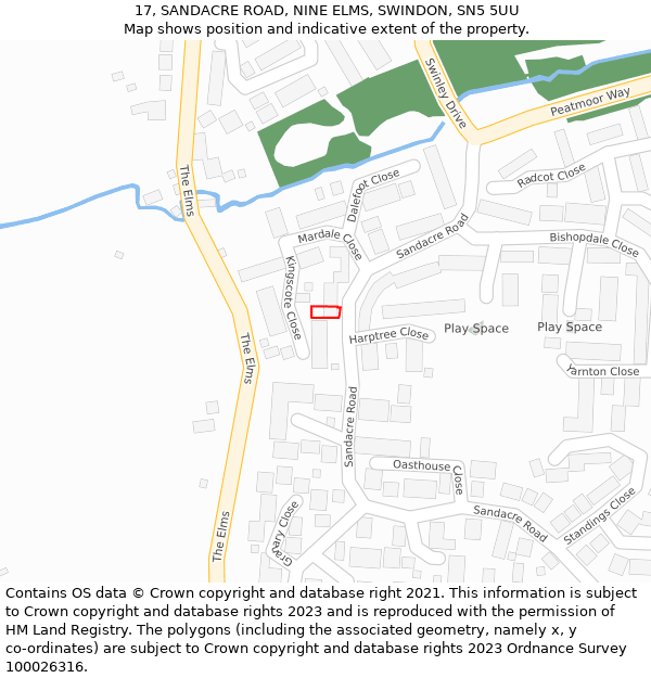 17, SANDACRE ROAD, NINE ELMS, SWINDON, SN5 5UU: Location map and indicative extent of plot