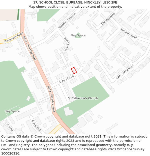 17, SCHOOL CLOSE, BURBAGE, HINCKLEY, LE10 2FE: Location map and indicative extent of plot