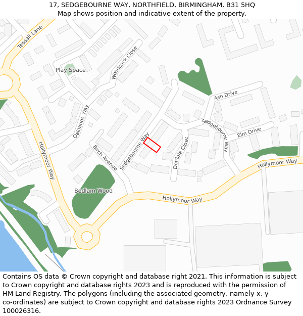 17, SEDGEBOURNE WAY, NORTHFIELD, BIRMINGHAM, B31 5HQ: Location map and indicative extent of plot