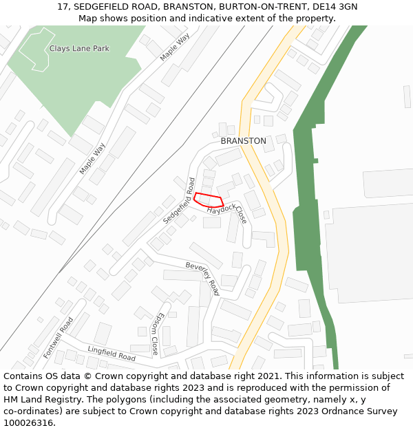 17, SEDGEFIELD ROAD, BRANSTON, BURTON-ON-TRENT, DE14 3GN: Location map and indicative extent of plot