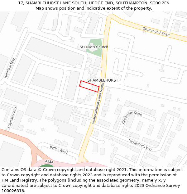 17, SHAMBLEHURST LANE SOUTH, HEDGE END, SOUTHAMPTON, SO30 2FN: Location map and indicative extent of plot