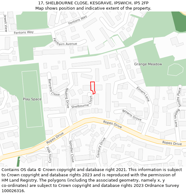 17, SHELBOURNE CLOSE, KESGRAVE, IPSWICH, IP5 2FP: Location map and indicative extent of plot