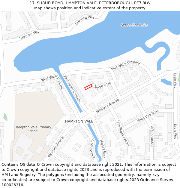 17, SHRUB ROAD, HAMPTON VALE, PETERBOROUGH, PE7 8LW: Location map and indicative extent of plot