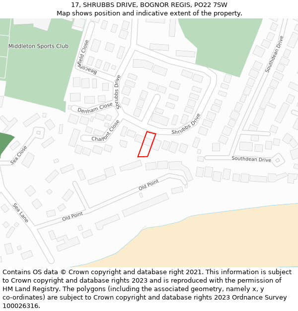 17, SHRUBBS DRIVE, BOGNOR REGIS, PO22 7SW: Location map and indicative extent of plot