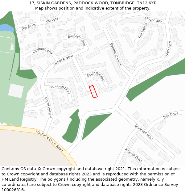 17, SISKIN GARDENS, PADDOCK WOOD, TONBRIDGE, TN12 6XP: Location map and indicative extent of plot