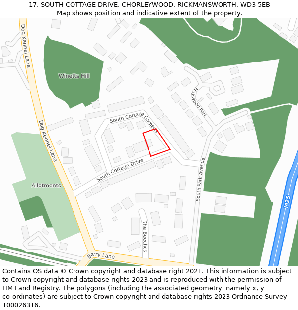 17, SOUTH COTTAGE DRIVE, CHORLEYWOOD, RICKMANSWORTH, WD3 5EB: Location map and indicative extent of plot