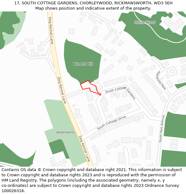 17, SOUTH COTTAGE GARDENS, CHORLEYWOOD, RICKMANSWORTH, WD3 5EH: Location map and indicative extent of plot