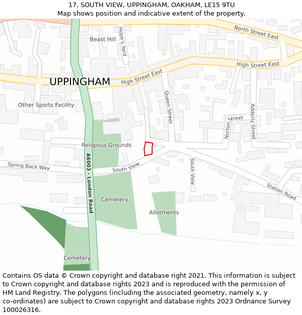 17, SOUTH VIEW, UPPINGHAM, OAKHAM, LE15 9TU: Location map and indicative extent of plot