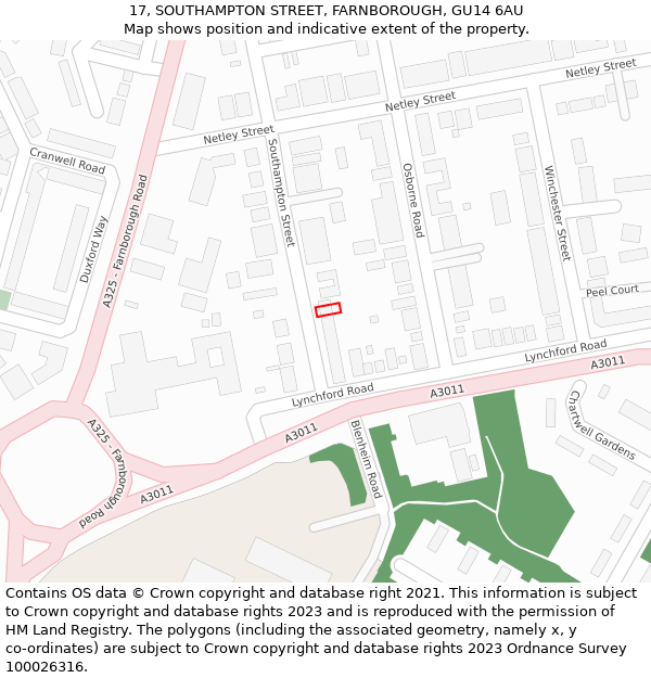 17, SOUTHAMPTON STREET, FARNBOROUGH, GU14 6AU: Location map and indicative extent of plot