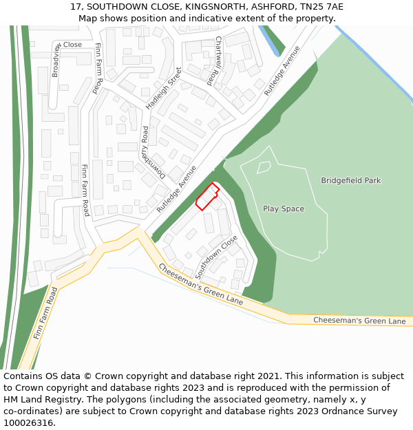 17, SOUTHDOWN CLOSE, KINGSNORTH, ASHFORD, TN25 7AE: Location map and indicative extent of plot