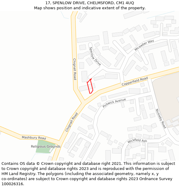 17, SPENLOW DRIVE, CHELMSFORD, CM1 4UQ: Location map and indicative extent of plot