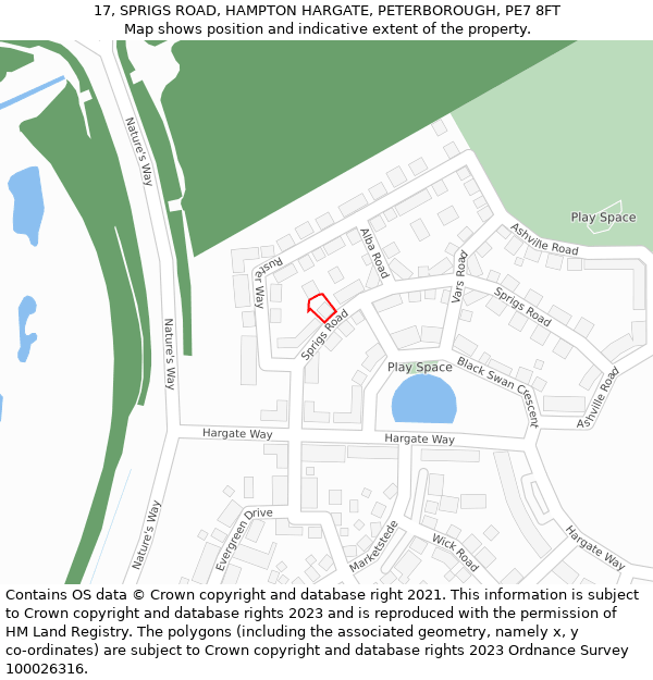 17, SPRIGS ROAD, HAMPTON HARGATE, PETERBOROUGH, PE7 8FT: Location map and indicative extent of plot
