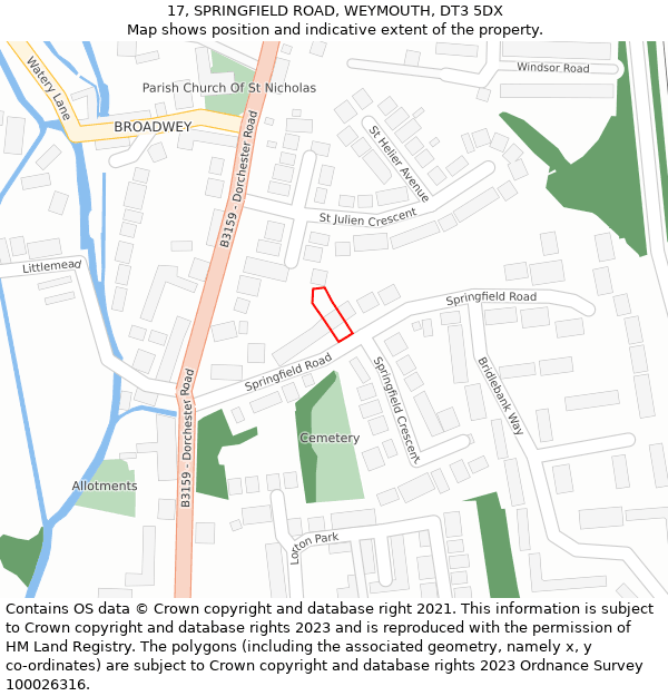 17, SPRINGFIELD ROAD, WEYMOUTH, DT3 5DX: Location map and indicative extent of plot