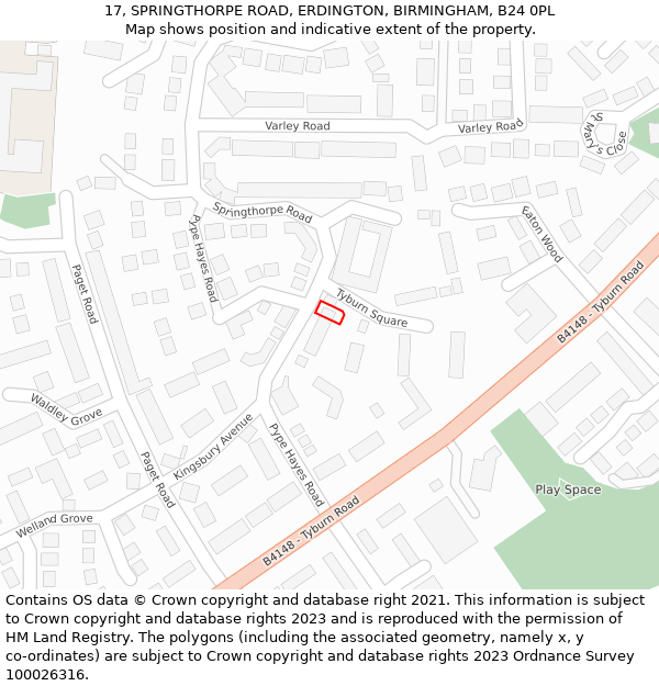 17, SPRINGTHORPE ROAD, ERDINGTON, BIRMINGHAM, B24 0PL: Location map and indicative extent of plot