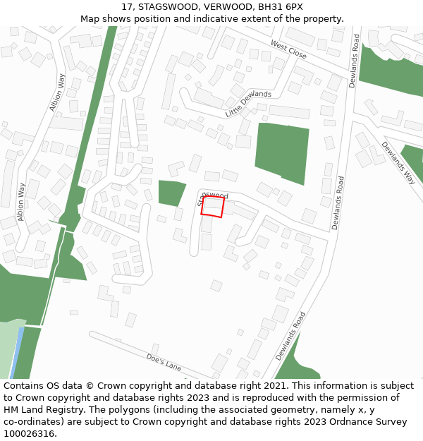 17, STAGSWOOD, VERWOOD, BH31 6PX: Location map and indicative extent of plot