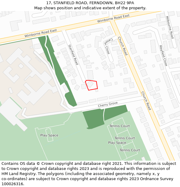 17, STANFIELD ROAD, FERNDOWN, BH22 9PA: Location map and indicative extent of plot