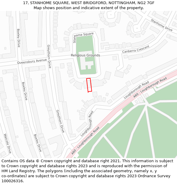 17, STANHOME SQUARE, WEST BRIDGFORD, NOTTINGHAM, NG2 7GF: Location map and indicative extent of plot