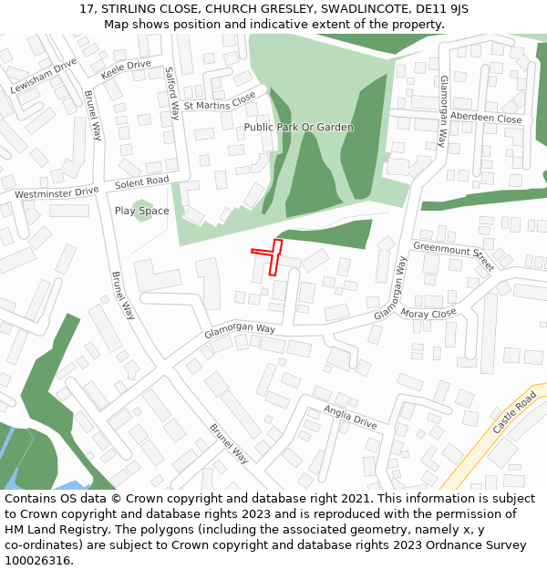 17, STIRLING CLOSE, CHURCH GRESLEY, SWADLINCOTE, DE11 9JS: Location map and indicative extent of plot