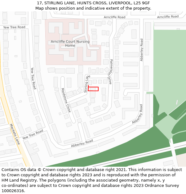 17, STIRLING LANE, HUNTS CROSS, LIVERPOOL, L25 9GF: Location map and indicative extent of plot