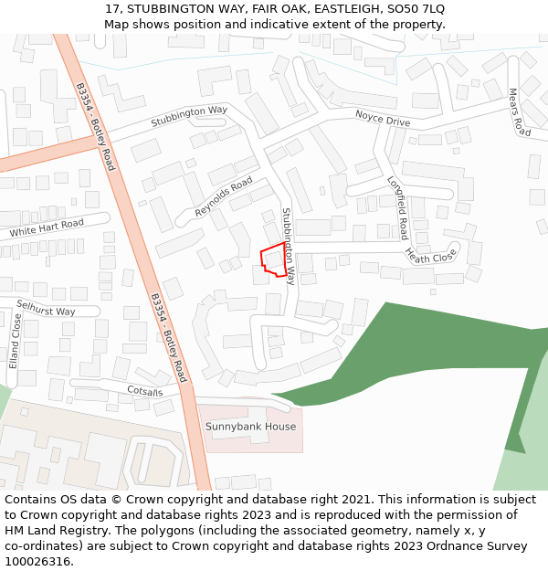 17, STUBBINGTON WAY, FAIR OAK, EASTLEIGH, SO50 7LQ: Location map and indicative extent of plot