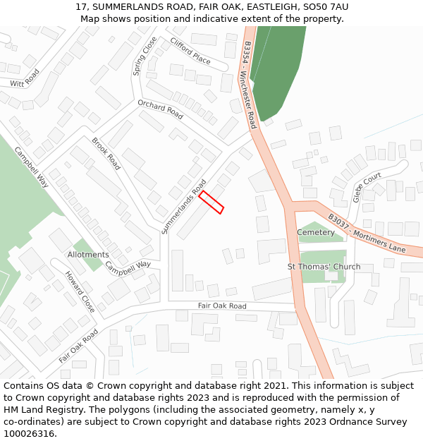 17, SUMMERLANDS ROAD, FAIR OAK, EASTLEIGH, SO50 7AU: Location map and indicative extent of plot