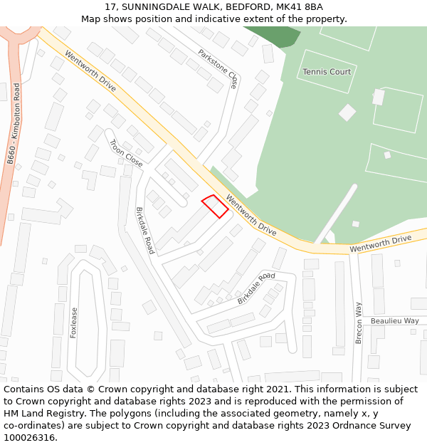 17, SUNNINGDALE WALK, BEDFORD, MK41 8BA: Location map and indicative extent of plot