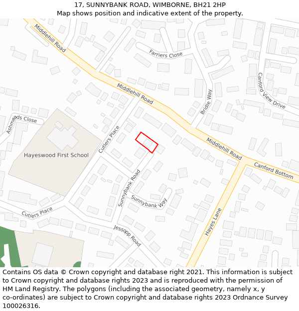 17, SUNNYBANK ROAD, WIMBORNE, BH21 2HP: Location map and indicative extent of plot