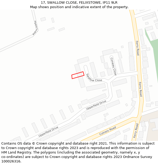 17, SWALLOW CLOSE, FELIXSTOWE, IP11 9LR: Location map and indicative extent of plot