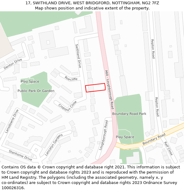 17, SWITHLAND DRIVE, WEST BRIDGFORD, NOTTINGHAM, NG2 7FZ: Location map and indicative extent of plot