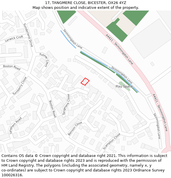 17, TANGMERE CLOSE, BICESTER, OX26 4YZ: Location map and indicative extent of plot