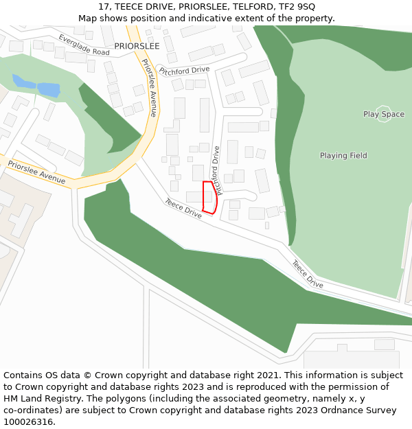 17, TEECE DRIVE, PRIORSLEE, TELFORD, TF2 9SQ: Location map and indicative extent of plot