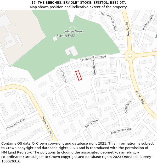 17, THE BEECHES, BRADLEY STOKE, BRISTOL, BS32 9TA: Location map and indicative extent of plot